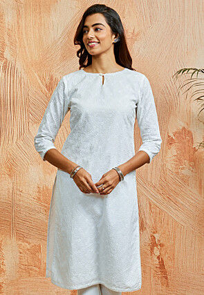 Embroidered Pure Cotton Straight Kurta in White