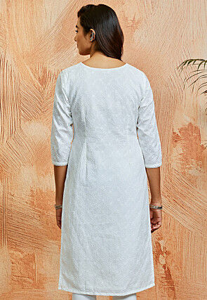 Embroidered Pure Cotton Straight Kurta in White