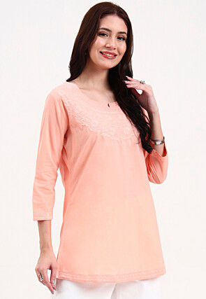 Embroidered Pure Cotton Straight Kurti in Peach