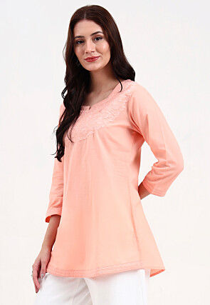 Embroidered Pure Cotton Straight Kurti in Peach
