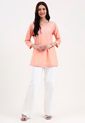 Embroidered Pure Cotton Straight Kurti in Peach