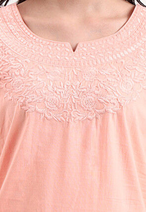 Embroidered Pure Cotton Straight Kurti in Peach