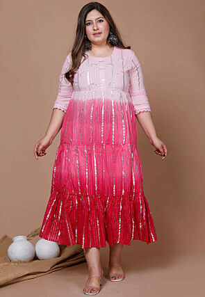 Embroidered Pure Cotton Tiered Dress in Shaded Pink