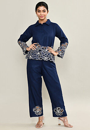Embroidered Pure Cotton Top Set in Navy Blue