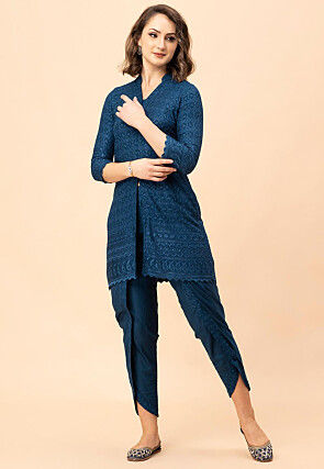 Embroidered Pure Cotton Tunic Set in Dark Teal Blue