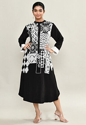 Embroidered Pure Crepe A Line Dress in Black