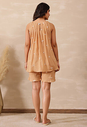 Embroidered Pure Crepe A Line Kurti Set in Beige