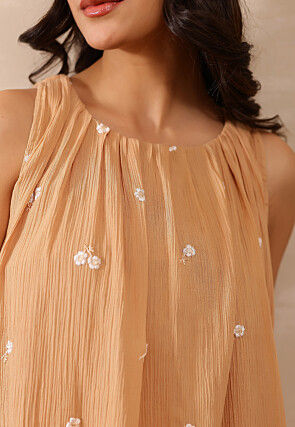 Embroidered Pure Crepe A Line Kurti Set in Beige