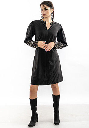 Embroidered Pure Crepe Aline Dress in Black