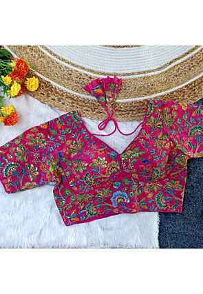 Embroidered Pure Crepe Blouse in Fuchsia
