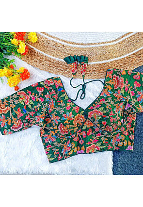 Embroidered Pure Crepe Blouse in Green