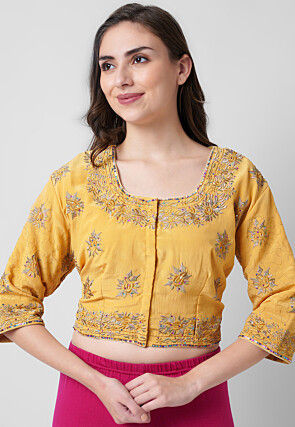 Embroidered Pure Crepe Blouse in Light Mustard