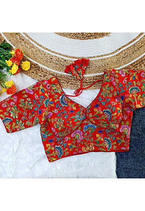 Embroidered Pure Crepe Blouse in Red