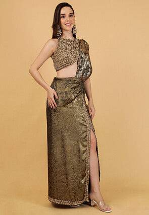 Embroidered Pure Crepe Crop Top Set in Black and Golden