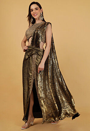 Embroidered Pure Crepe Crop Top Set in Black and Golden