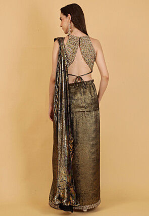 Embroidered Pure Crepe Crop Top Set in Black and Golden