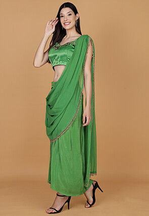 Embroidered Pure Crepe Crop Top Set in Green