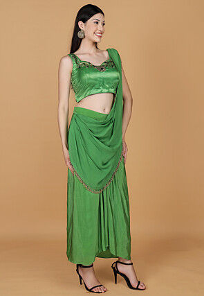 Embroidered Pure Crepe Crop Top Set in Green