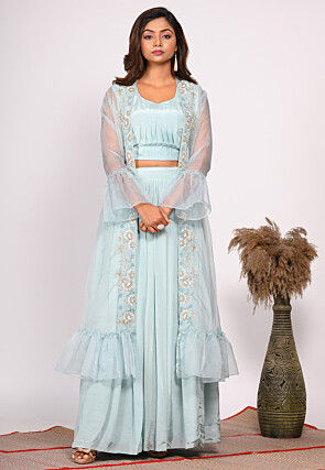 Hand Embroidered Pure Crepe Crop Top Set in Light Blue