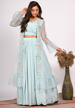 Hand Embroidered Pure Crepe Crop Top Set in Light Blue