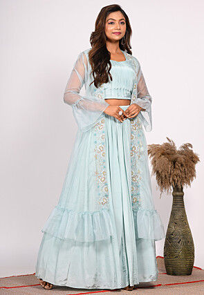 Hand Embroidered Pure Crepe Crop Top Set in Light Blue