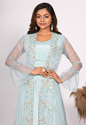 Hand Embroidered Pure Crepe Crop Top Set in Light Blue