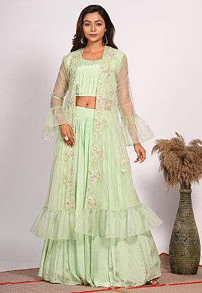 Hand Embroidered Pure Crepe Crop Top Set in Light Green