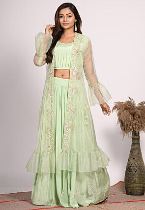 Hand Embroidered Pure Crepe Crop Top Set in Light Green