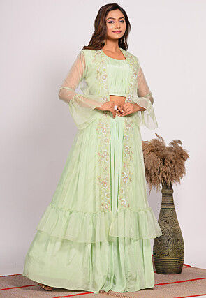 Hand Embroidered Pure Crepe Crop Top Set in Light Green