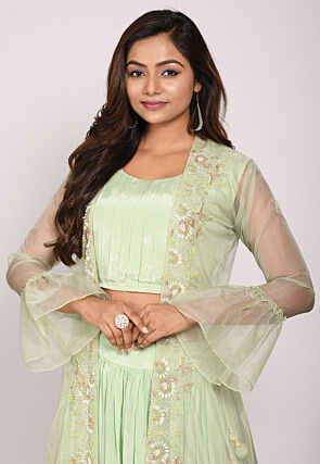 Hand Embroidered Pure Crepe Crop Top Set in Light Green