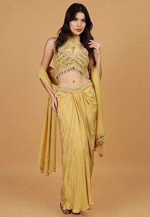 Embroidered Pure Crepe Crop Top Set in Pastel Yellow