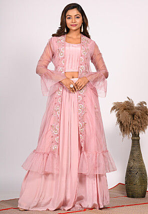 Hand Embroidered Pure Crepe Crop Top Set in Pink