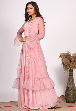 Hand Embroidered Pure Crepe Crop Top Set in Pink