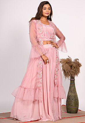 Hand Embroidered Pure Crepe Crop Top Set in Pink