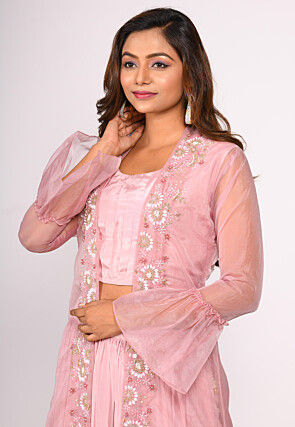 Hand Embroidered Pure Crepe Crop Top Set in Pink