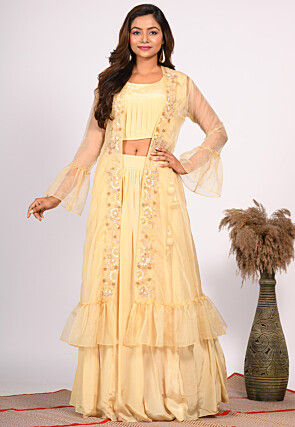 Hand Embroidered Pure Crepe Crop Top Set in Yellow