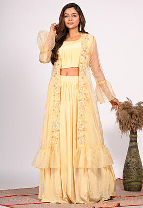 Hand Embroidered Pure Crepe Crop Top Set in Yellow