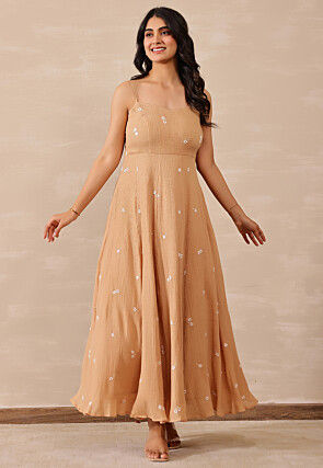 Embroidered Pure Crepe Dress in Beige