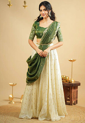 Embroidered Pure Crepe Lehenga in Cream