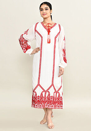 Embroidered Pure Crepe Midi Dress in White