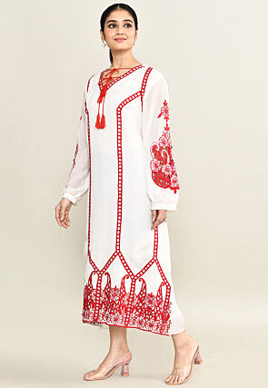 Embroidered Pure Crepe Midi Dress in White