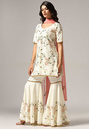 Embroidered Pure Crepe Pakistani Suit in Cream