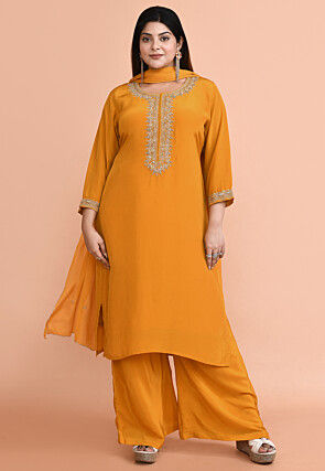 Embroidered Pure Crepe Pakistani Suit in Mustard