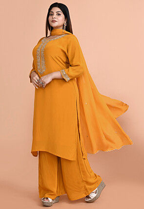 Embroidered Pure Crepe Pakistani Suit in Mustard