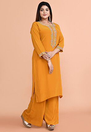 Embroidered Pure Crepe Pakistani Suit in Mustard
