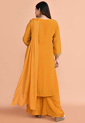 Embroidered Pure Crepe Pakistani Suit in Mustard