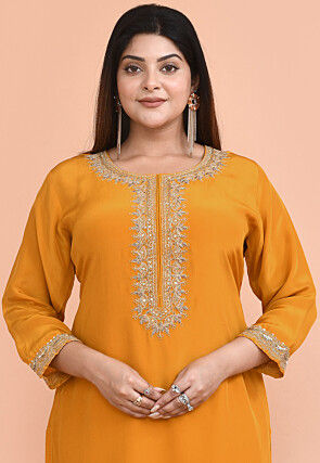 Embroidered Pure Crepe Pakistani Suit in Mustard