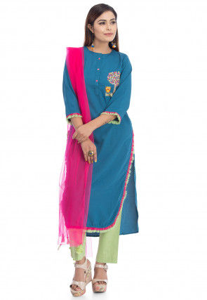 Embroidered Pure Crepe Pakistani Suit in Teal Blue