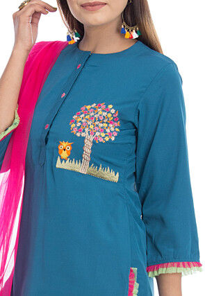Embroidered Pure Crepe Pakistani Suit in Teal Blue