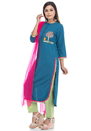 Embroidered Pure Crepe Pakistani Suit in Teal Blue